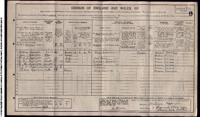 Rippington (William Thomas) 1911 Census